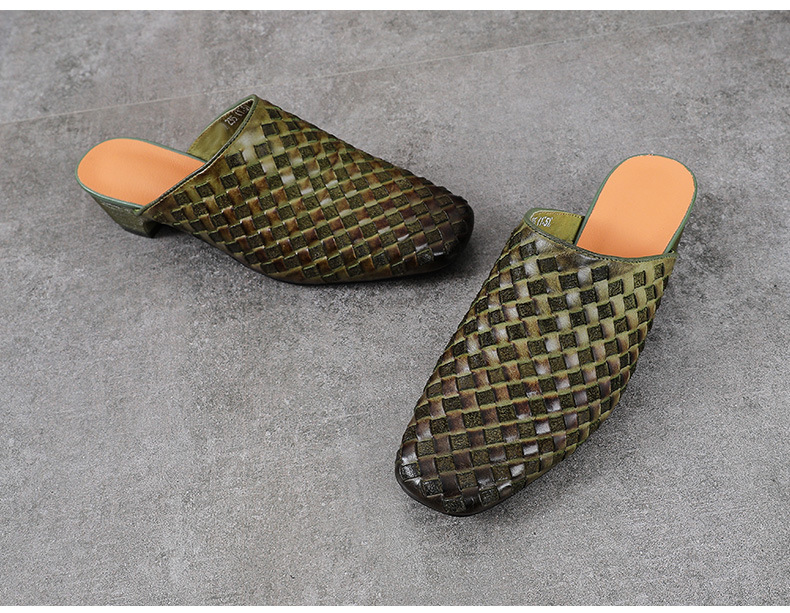 Dép sandal nữ bít mũi da bò thật đan thủ công phong cách vintage gót thấp — màu nâu chi tiết 11