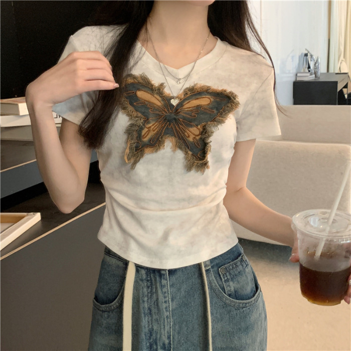 アメリカンレトロバタフライローエッジTシャツレディース夏ホットガールプリーツ半袖シャツウエスト痩身ショートトップ|undefined