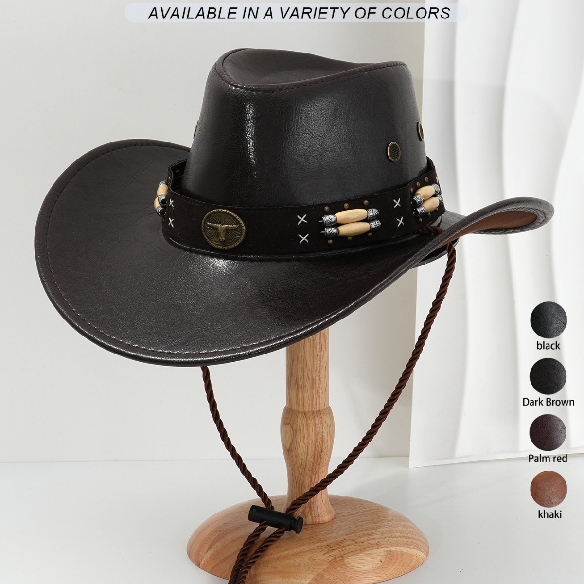Retro Western Cowboy Hat PU Leather Metal Sun Beaded Heavy Motorcycle Stage Performance Trendy Men's Hat_voghion.com