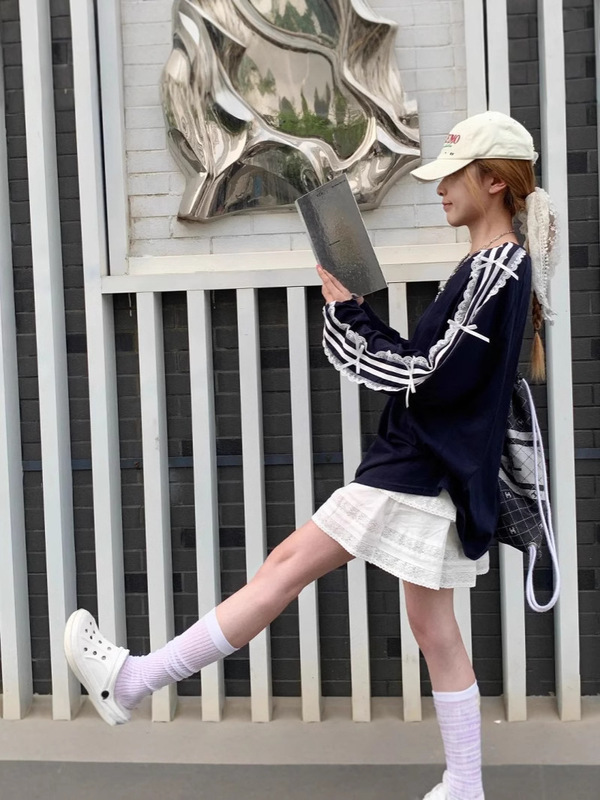 レースストライプリボン長袖Tシャツレディース夏韓国風カジュアルルーズミドル丈デザイントップ|undefined