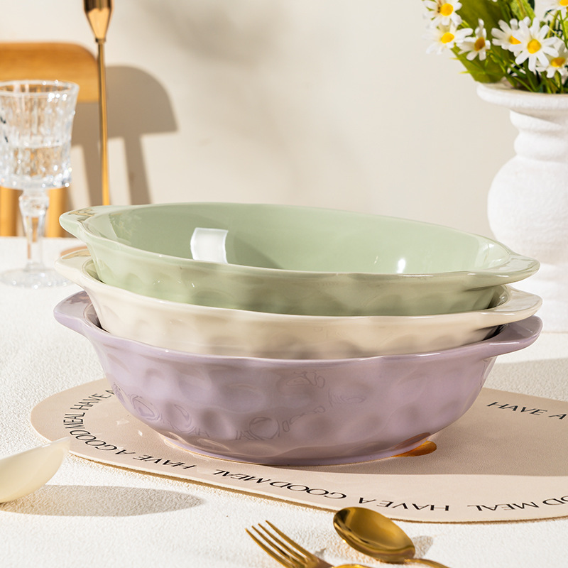 简约奶油风手捏纹陶瓷碗12英寸双耳大汤碗水果盆家用纯色酸菜鱼碗