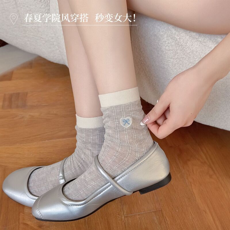miu bow embroidery tube socks jk love mesh breathable summer thin cute ladies socks