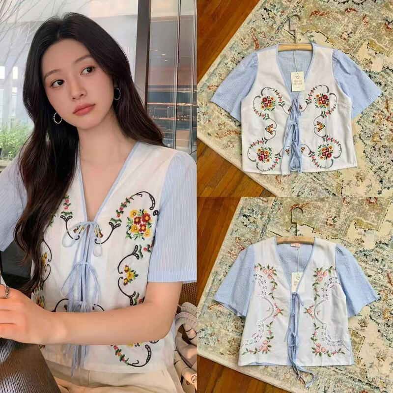 French-style vintage embroidered shirt, 2026 new model, hollow floral front with tie straps, striped short-sleeve women's top French-style vintage embroidered shirt, 2026 new model, hollow floral front with tie straps, striped short-sleeve women's top