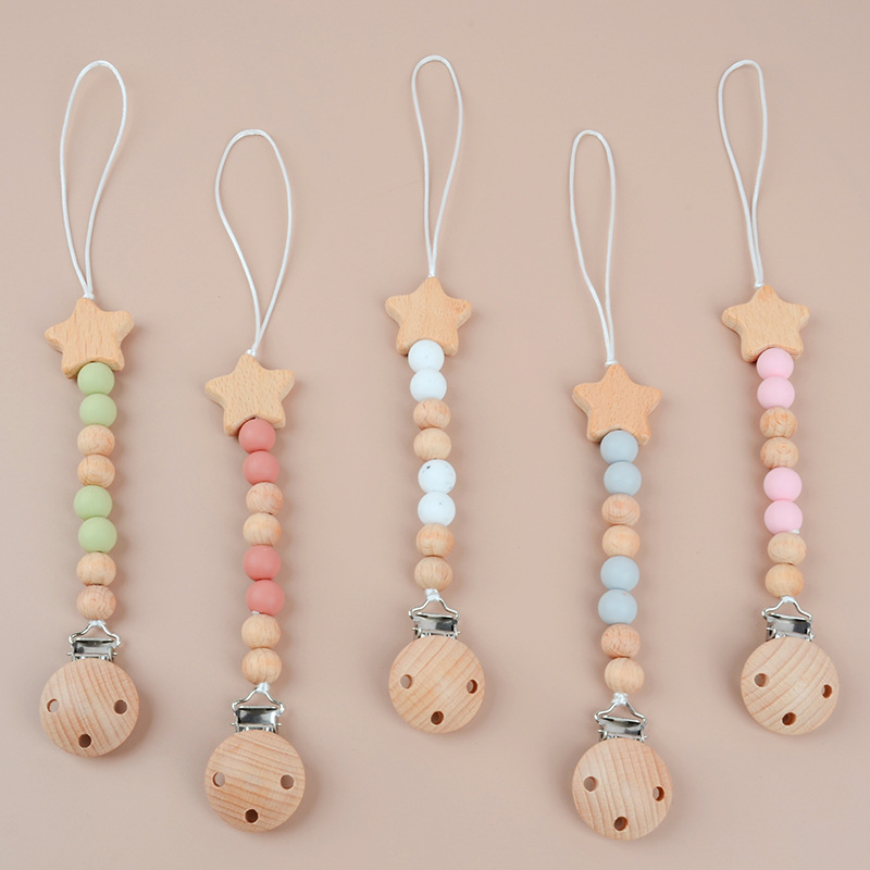 Teething Toy Anti-Drop Baby Pacifier Baby Teething Stick Chew Toy Anti-Drop Chain Clip Beech Wood Pacifier Chain