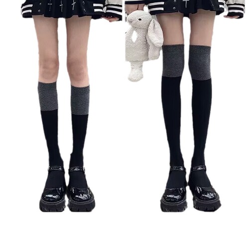 Black and Grey Striped Mid-Calf to Knee Over-the-Knee Ins Trend Student Black Ankle Socks for Women, Autumn and Winter