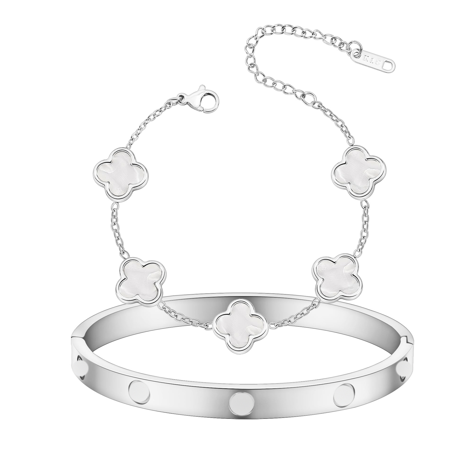 실버 다이아몬드 팔찌 + 화이트 쉘 팔찌 세트