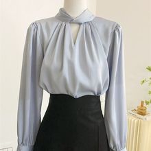法式感垂感衬衫女设计感小众气质秋冬打底长袖上衣灰蓝衬衣潮严选