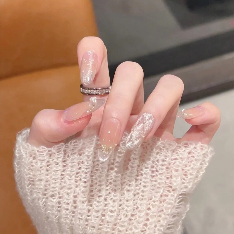 Purely Handmade Wearable Nails Korean Style Nude Pink Small Fresh Silver Foil Cat Eye Pearl Fairy Light Luxury Gentle Manicure Patch