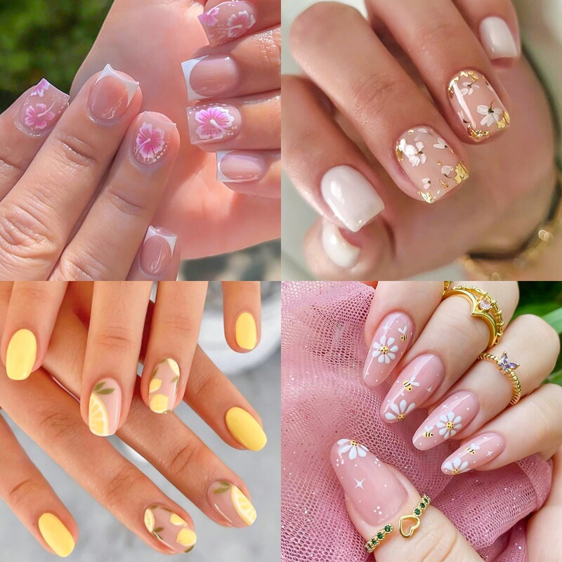 Cross-Border Spring and Summer Nail Art Collection 24 Pieces Pink and White Floral French Style Wearable Nail Tips Short Square Printed Nail Stickers Wholesale
