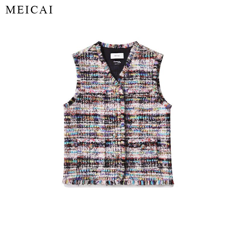 American-Made "Jennifer" French Imported Century-Old Scop Rainbow Gradient Yarn V-Neck Tweed Vest Jacket American-Made "Jennifer" French Imported Century-Old Scop Rainbow Gradient Yarn V-Neck Tweed Vest Jacket