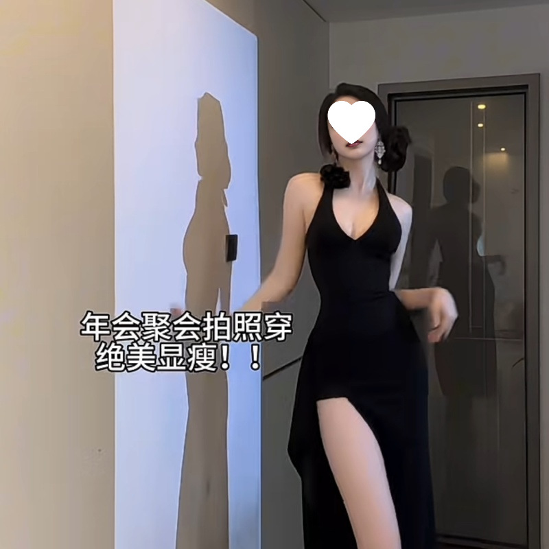 新春气质纯欲露背长裙子可拆卸玫瑰挂脖御姐收腰包臀连衣裙子
