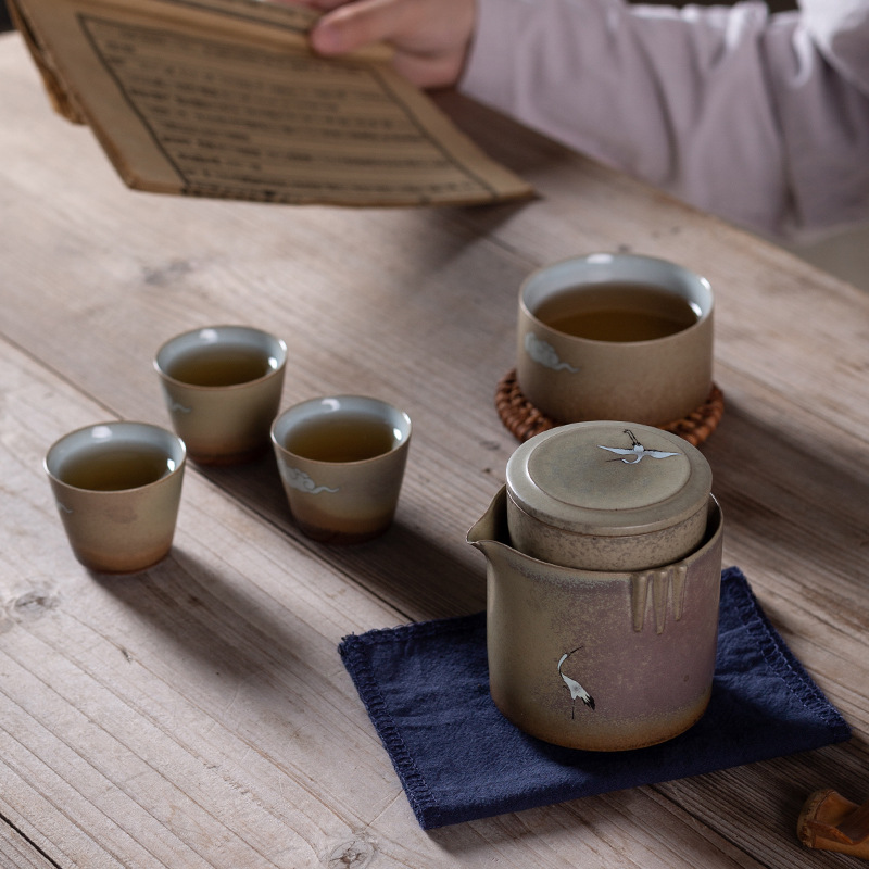 Juego de té viaje traje una olla cuatro tazas portátil Kung Fu taza al aire libre simple estilo japonés tetera retro casa