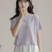 2025年夏季新款甜美清新圆领简约短袖套头雪纺T恤上衣女纯色设计