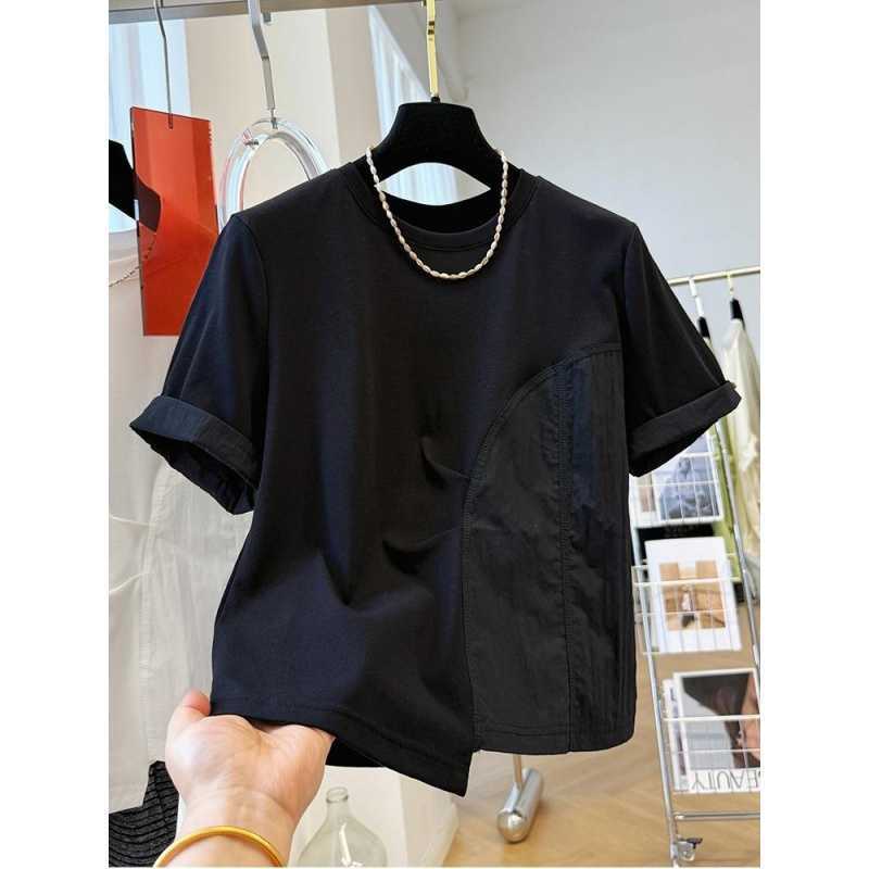 デザインがユニークでシックで美しい女性用サマートップス、超見栄えの良い不規則なプリーツの五分袖の高級トップス|undefined