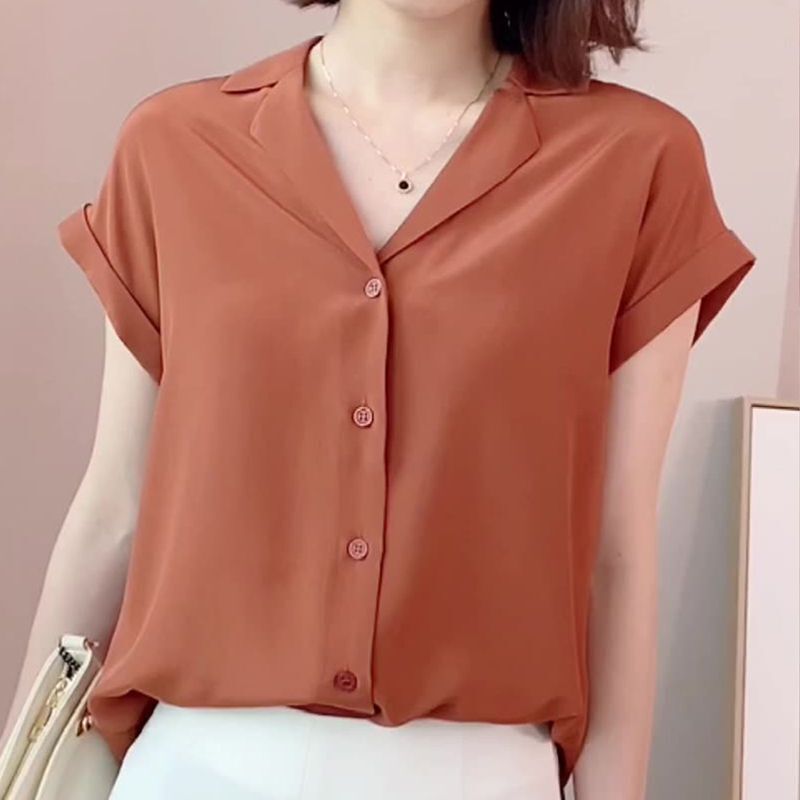 High-End Ice Silk Chiffon Shirt Summer 2025 New Shirt Plus Size Women's Loose Short-Sleeved Belly-Covering Shirt Top for Women