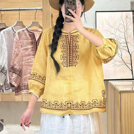 2026春夏季新款文艺刺绣苎麻衬衫女复古艺宽松显瘦立领套头T恤衫