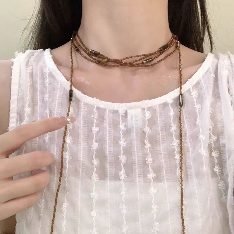 小众时髦复古多层棕色虎眼石串珠项链女毛衣链超长叠戴挂脖锁骨链|undefined
