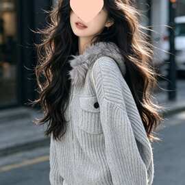 毛领连帽针织毛衣女2026秋冬百搭设计感慵懒感灰色破边开衫外套潮
