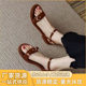 2025 New Summer Soft Leather French Retro Brown Sandals Women's Low Heel Roman Outer Wear Flat Bottom Buckle