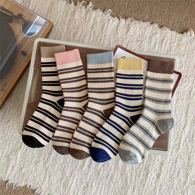 25 Years of Spring and Autumn Striped Korean Women's Socks Trendy Color-Blocking Striped All-Season Versatile Seamless Long Tube Slouch Socks for Women