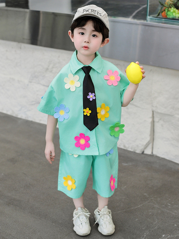 男の子夏半袖スーツ子供服ネクタイシャツスリーピース幼稚園パフォーマンス服卒業写真クラス制服トレンディ|undefined
