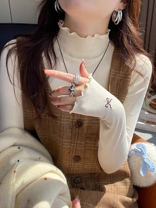 半高领德绒打底衫女2025新款秋冬内搭灰色木耳边蝴蝶结高级感上衣|undefined
