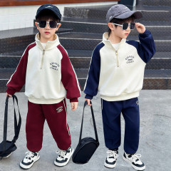 男の子の色合わせの立襟の半ファスナーの衛衣のスーツの2025新型の子供の格好の2セットの赤ちゃんのレジャーの子供服
