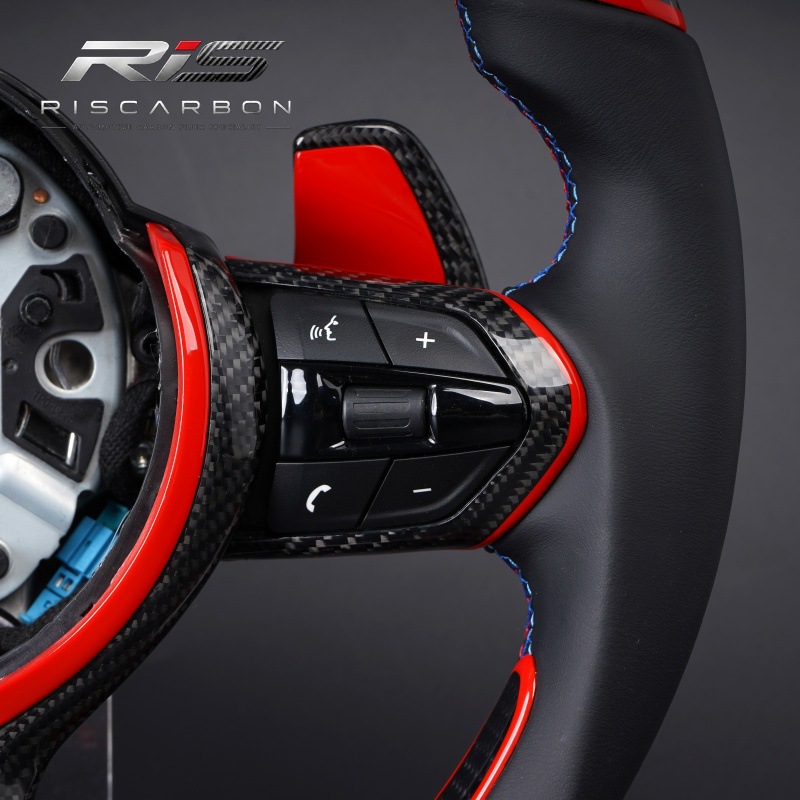 Carbon fiber red and blue dual-tone flat-bottom steering wheel with LED lights, compatible with BMW F30F10F11F15F16F20F18