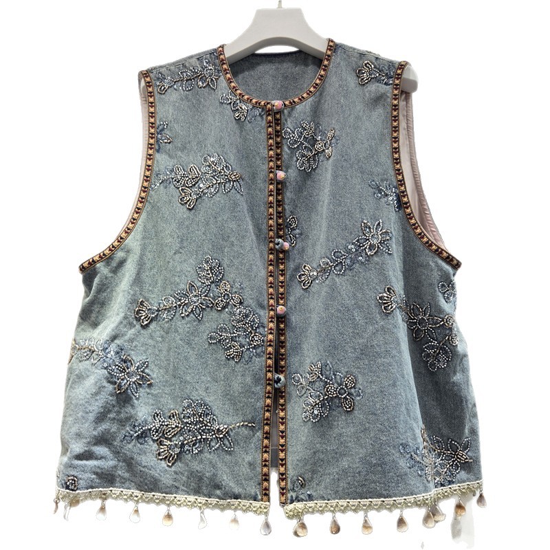 Europa industria pesada bordada chaleco de vaqueros mujeres 2026 primavera sin mangas cuello redondo clavos de perla estilo nacional cardigan abrigo temperamento de la marea image 5