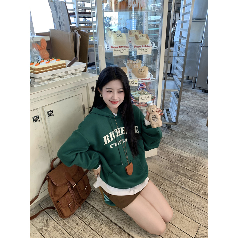Joeyoo李乔优 连帽卫衣女装秋季韩系慵懒风字母绿色帽衫宽松上衣|undefined