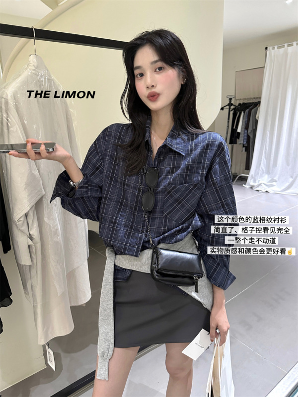 THE LIMON柠檬绿茶2025秋季复古调性格纹慵懒百搭衬衫宽松上衣女|undefined