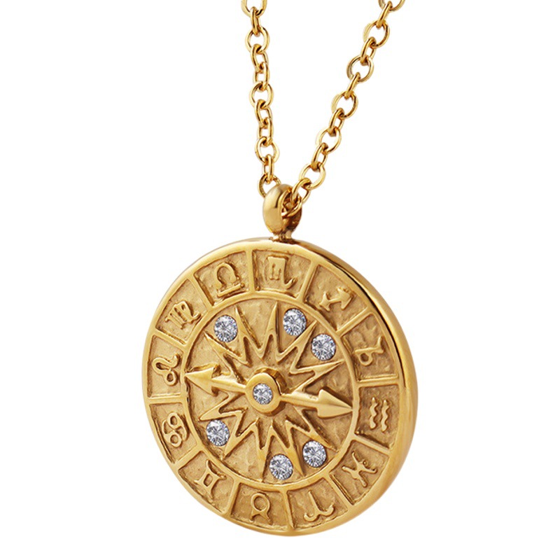 Estilo europeo y americano retro ronda marca con incrustaciones de circón en relieve constelación dial hora mano colgante collar titanio acero 18K oro