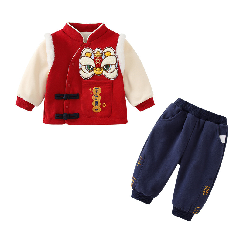 어린이 의류 겨울 어린이 세트 국가 스타일 사자 춤 소년과 소녀  투피스 어린이 1 세 원피스 소년 세트
