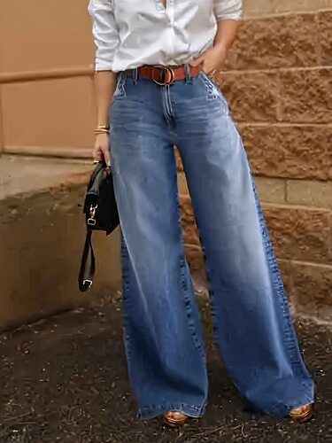 Cross-border SHEIN Amazon TEMU European and American washed elastic wide-leg mid-rise women's jeans without belt