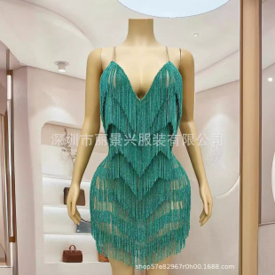 Cross-border E-commerce Performance Clothing Sparkling Diamond Chain Suspender Skirt Cocktail Party Singer Stage Performance Clothing Long Jump