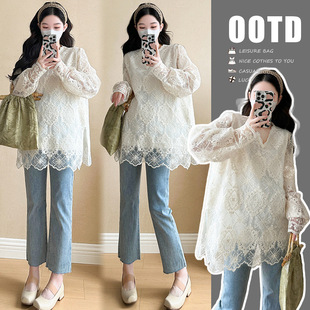 Pregnant Women's Shirt Spring Unique Chic Lace V-Neck Long Sleeve Shirt Spring and Autumn High-end Sense Inner Small Shirt Top