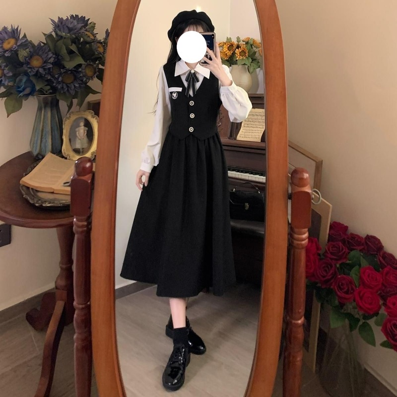 法式学院风黑色连衣裙女新款春秋季教资面试艺考成人礼假两件裙子|undefined