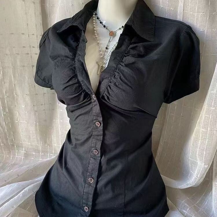Plus-Size Elegant Slim-Fit Black Minimalist V-Neck Shirt, Vintage Style Shirt, Stylish Waist-Cinching Top, Summer Trend