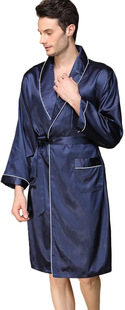 Cross-border Summer Men's Thin Long-sleeved Pajamas Bathrobe Home Clothes Nightgown Silk-like Plus Size Cardigan Nightgown