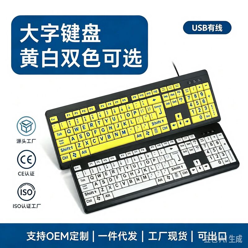 T801 Typing Tool for Middle-Aged and Elderly People, Wired Keyboard, Yellow Background, Large-Print Wired Keyboard, USB Wired Keyboard