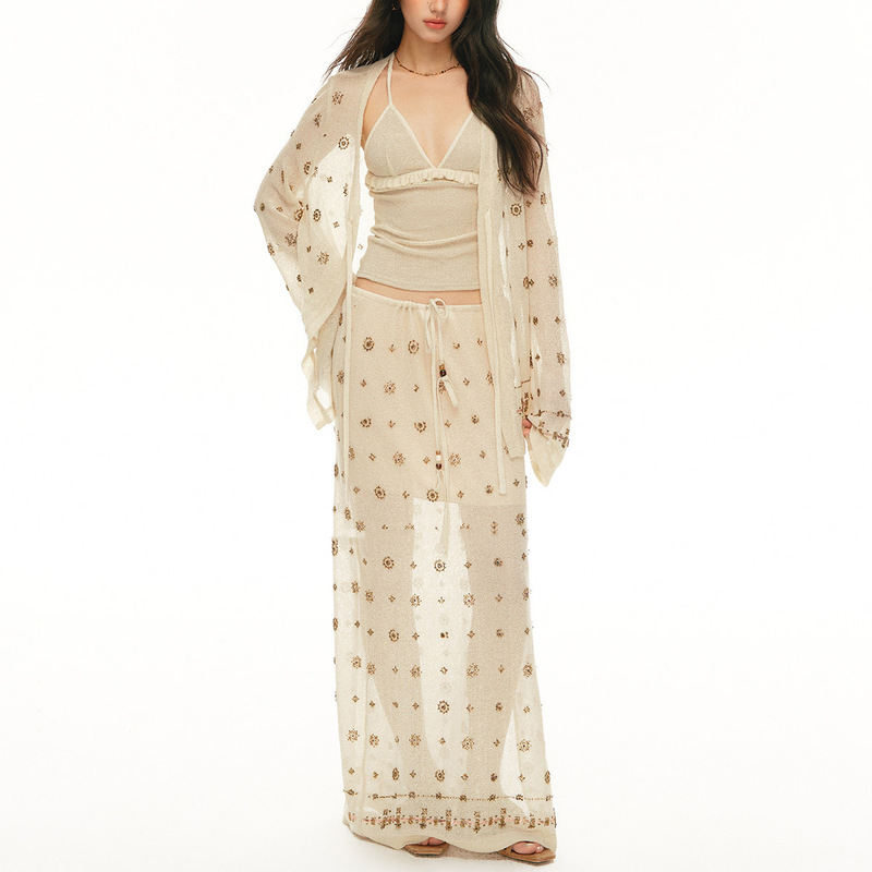Met Pennyda: Resort-Style Slightly Sheer French Knit Cardigan and Camisole Set for Women, Summer Long Skirt Trendy