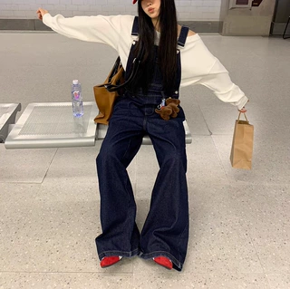 红人馆牛仔背带裤女春季2026年新款高腰美式复古直筒宽松阔腿女