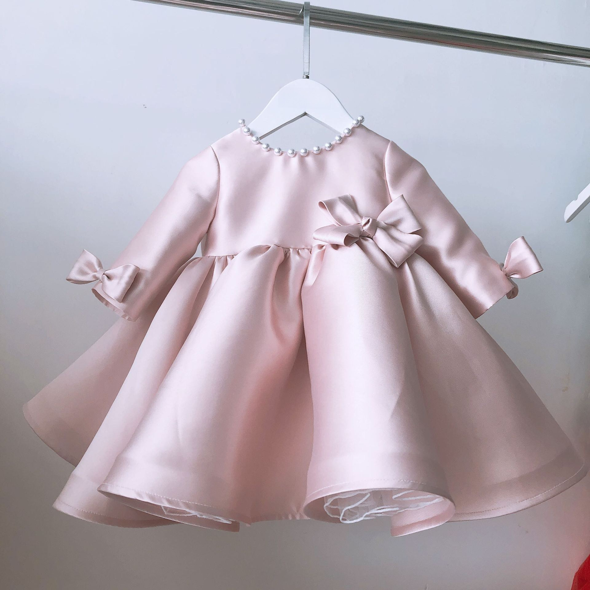粉色公主裙長袖女童禮服緞面鋼琴比賽蝴蝶結蓬蓬裙女寶寶周歲禮服