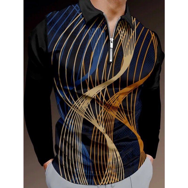 2024 venta caliente transfronteriza impresión 3D de los hombres de primavera y otoño de manga larga solapa suelta cremallera camisa POLO venta directa de fábrica