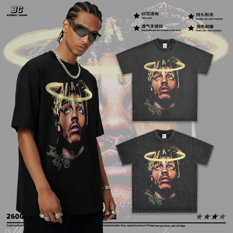 High Street Juice Wrld Washed Vintage T-Shirt Unisex Loose Hip-Hop Rap Short-Sleeve Trendy 2026 New Model