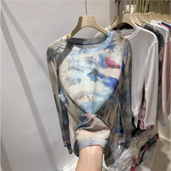 S002欧品水墨ぼかしネットtシャツ女性2025夏のゆるい薄いタイプの長袖日焼け止め上着