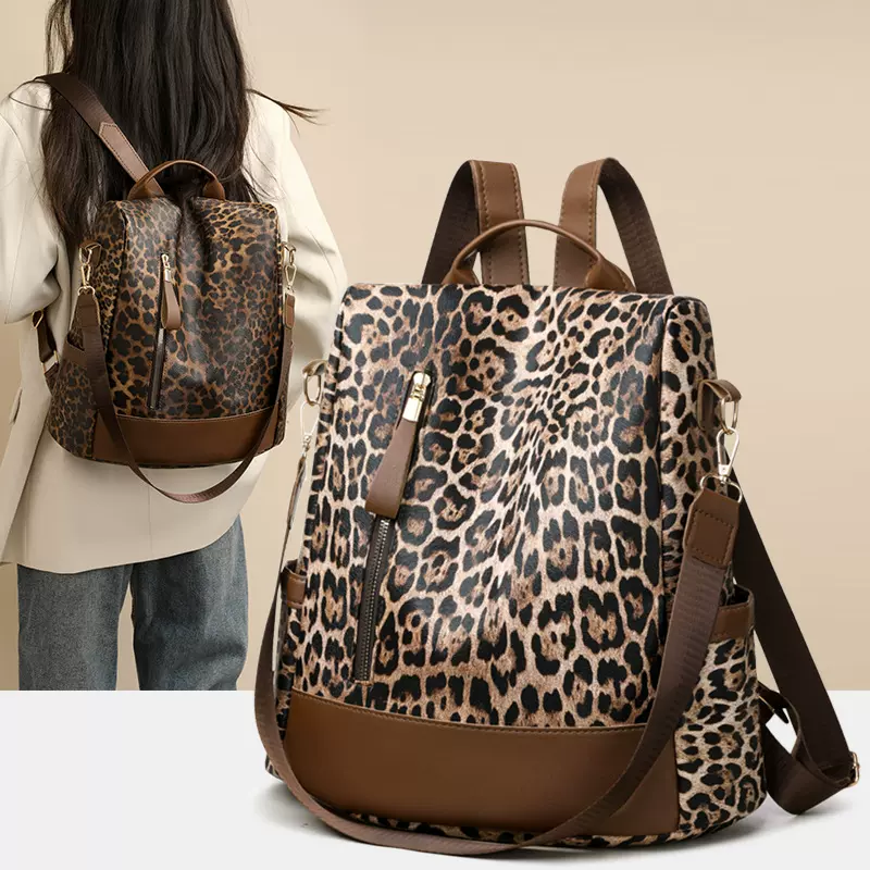 跨境新款时尚潮流简约豹纹双肩包女士休闲百搭旅行大容量防盗背包