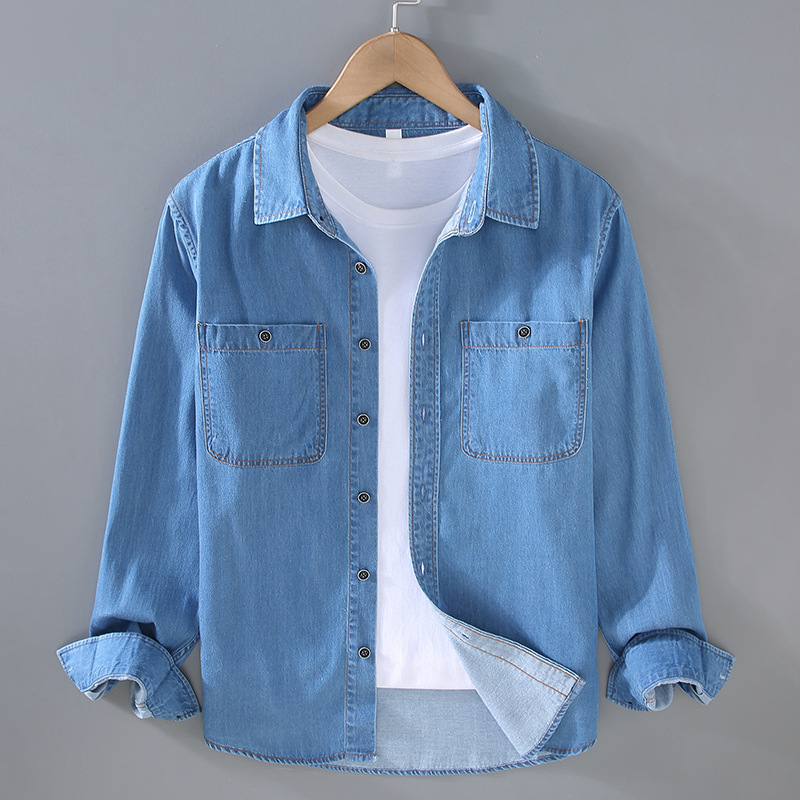 Denim shirt, men's long sleeved spring and autumn styles, Hong Kong style, Japanese style retro work shirt, casual coat, men's_voghion.com