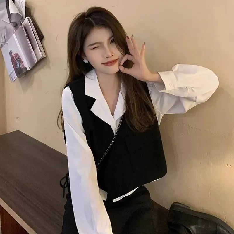 套装女2025春秋新款复古港风西装领衬衫+时尚甜美宽松马甲两件套|undefined
