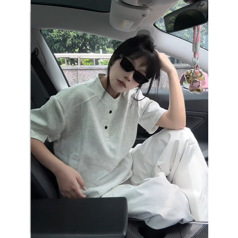 白色牛仔裤套装男款夏季cleanfit薄款微喇直筒裤亨利领正肩短袖|undefined